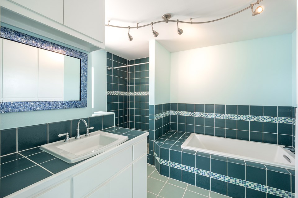 beautiful remodeled full bath with soaking tub and large custom shower