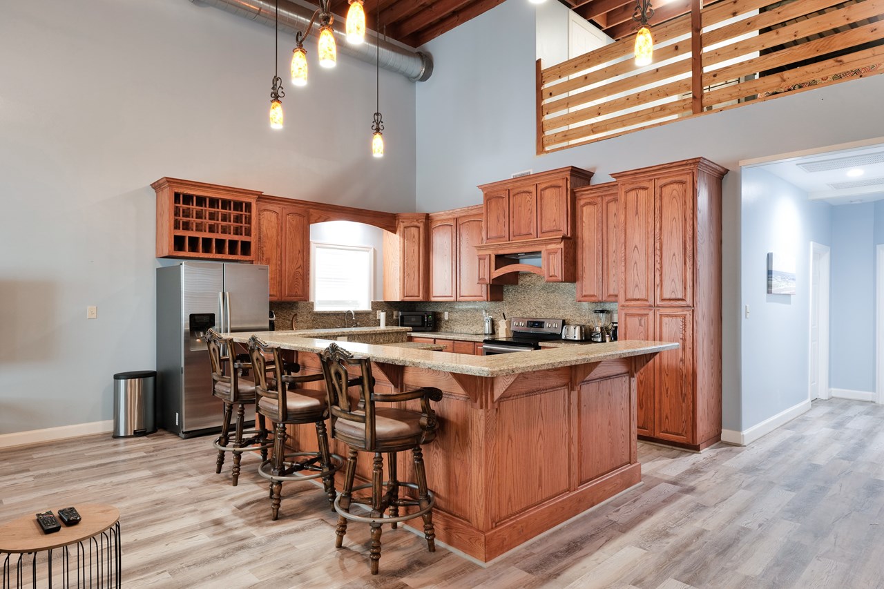 open kitchen, dining and living area