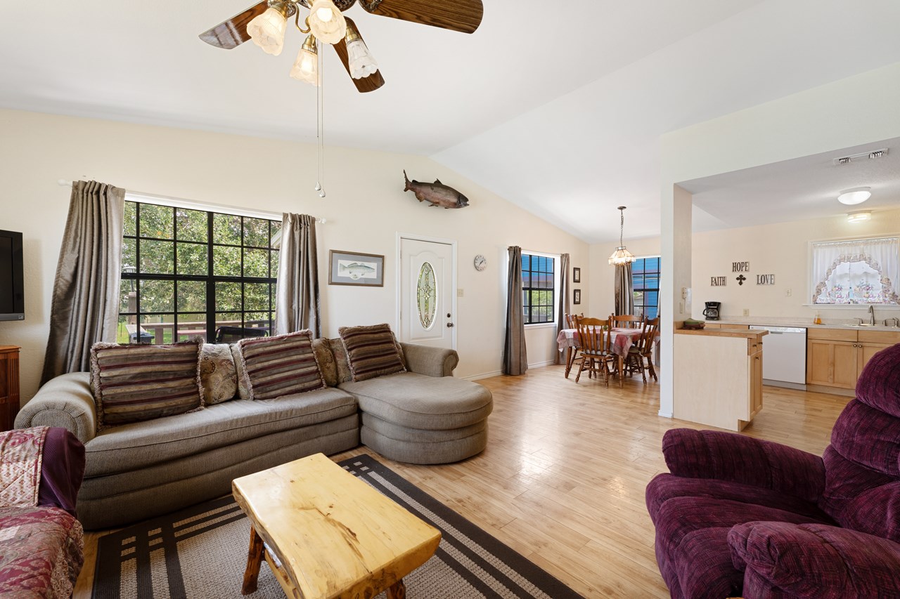open living, dining and kitchen